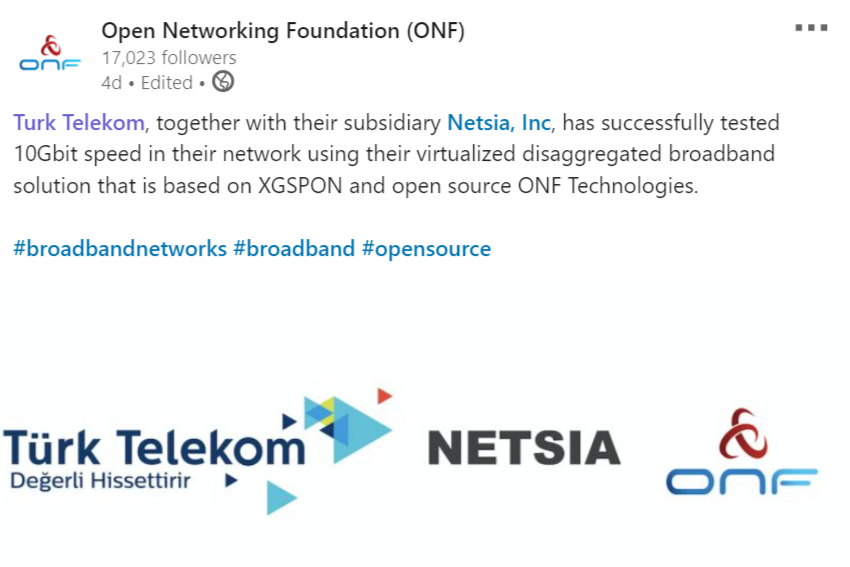 What an accomplishment! This great example of cooperation between <a href="/IncNetsia/">Netsia Company Inc.</a>, <a href="/TurkTelekom/">Türk Telekom</a> and @ONF_SDN (Open Networking Foundation) welcomes a new era in highspeed internet connection. Follow what is to come! #broadbandnetworks #broadband #opensource