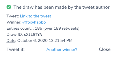 The winner of the new habboween clothing is:  @foxyhabboWell done, please reply with your  http://habbo.com  user & what item you would like from the clothing. #Habbo  #Habboween
