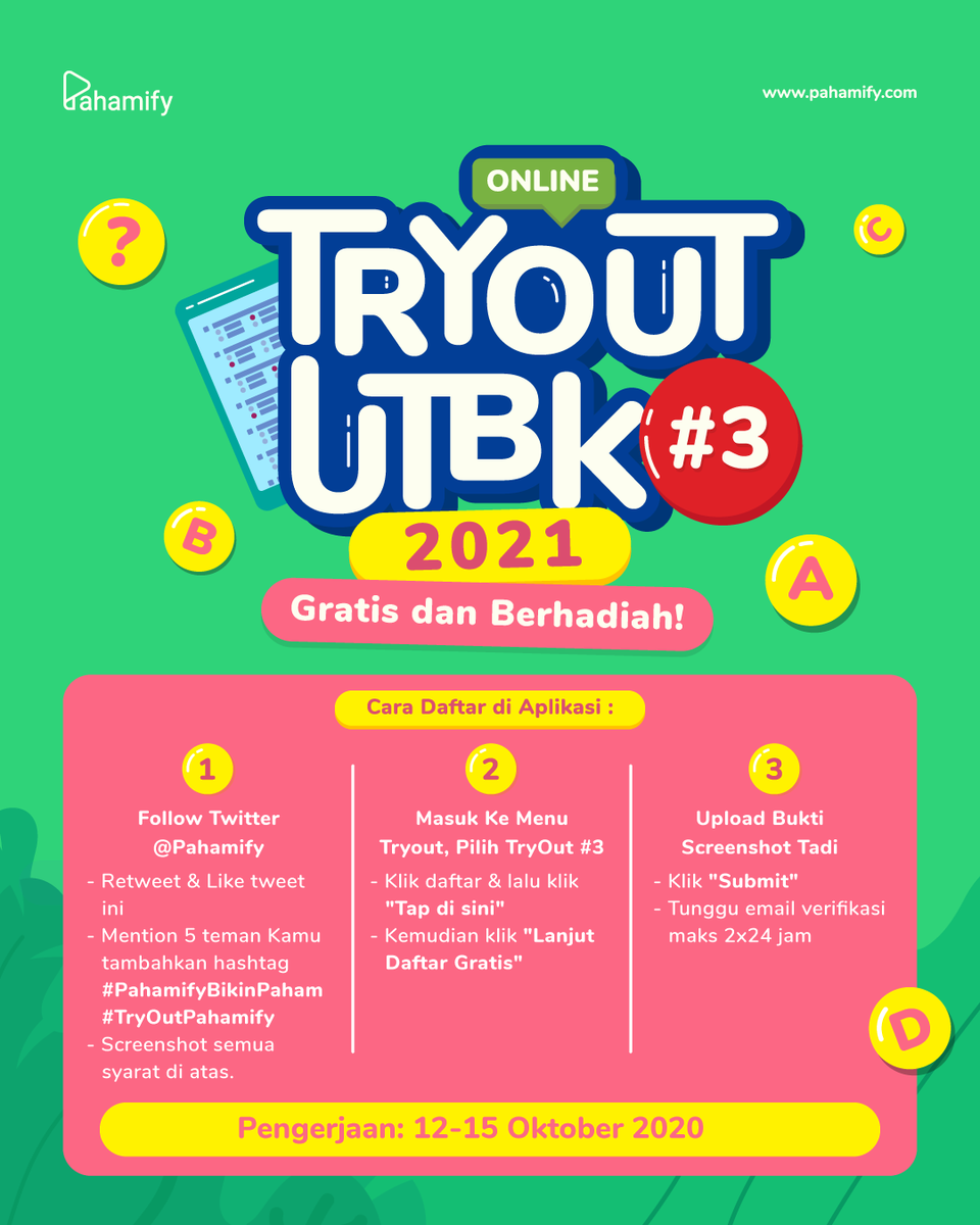 pahamify's tweet image. ✨ PENDAFTARAN TRYOUT UTBK 2021 #3 GRATIS DIBUKA! ✨

Nggak cuma gratis, TO#3 kali ini juga BERHADIAH! ✨😎 Makin banyak yang ikut TO#3, makin CIHUY juga hadiahnya! Skuy daftar sekarang! 🔥

Waktu pengerjaan TO#3 12-15 Oktober 2020 ⚡
Cek cara daftarnya di bawah ini! 👇🏻