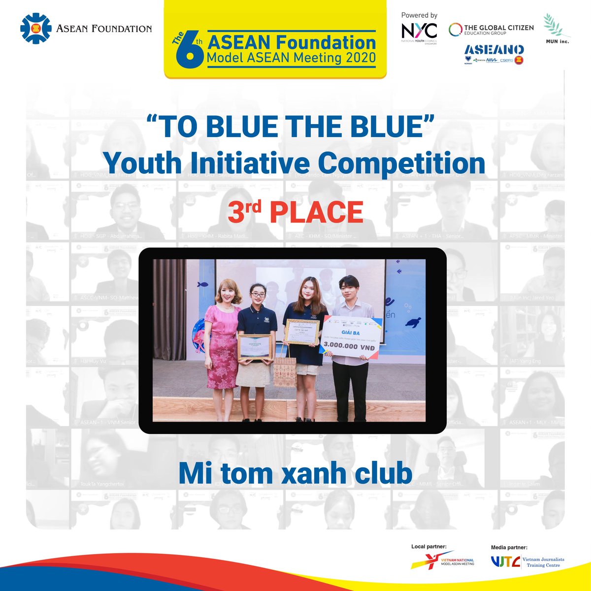 aseanfoundation's tweet photo. This year, the AF has had the opportunity to collaborate with VNMAM on “To Blue The Blue” as a side project to the 6th AFMAM 2020.
After four rounds of intense competition with hundreds of applications, we finally have our winners!
#AFMAM2020 #beASEAN #VNMAM #Tobluetheblue https://t.co/kAeLBQyYhU
