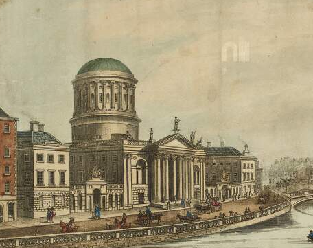 How it all looked in colour - an 1819 zoomable view of the front of the courts by Brocas and Le Petite here.  http://catalogue.nli.ie/Record/vtls000036259You can see how closely the building was hemmed in on either side.