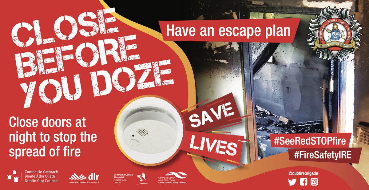 Today is the second day of National Fire Safety Week 2020.

A closed door is an effective way of stopping smoke and fire from spreading.

Close all the doors in your home before you to bed or head out.

#FireSafetyIRE #20FSW #STOPFire #SeeRedSTOPFire