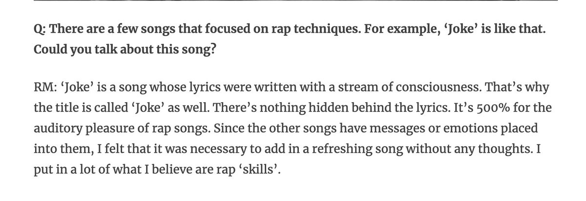 (sorry but i have no idea how to describe rm as a mixtape...) but in multiple interviews and through reading the lyrics it's easy to see the passion that namjoon had for rapping and for songwriting.  https://btsdiary.com/2015/03/25/interviewtranshiphopplaya-rap-monster-even-if-its-to-say-bad-things-i-really-hope-you-would-listen-to-the-mixtape-150324/