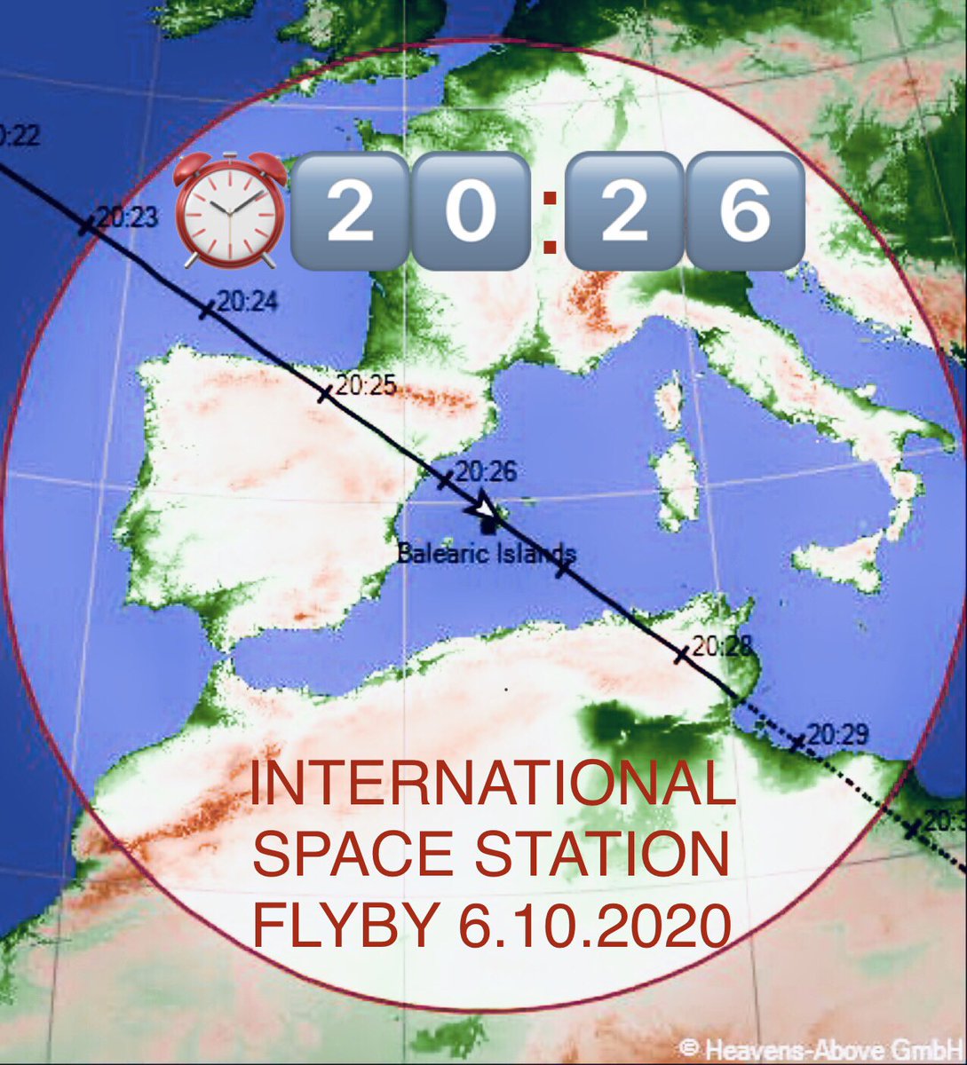 IgnazioMagnani's tweet photo. 🇪🇸 Balears
La Estación Espacial Internacional se podrá ver hoy a simple vista (si las nubes lo permiten) en todas partes a las 20:26
 
      Consejo:  ⏰
      pon la alarma
 
👨‍🚀 63 https://t.co/fI01cZcyfB
🌍 Yo https://t.co/AvRlduSsQp
📸 ESA NASA https://t.co/KRzUUTr0g4 https://t.co/6j1fYghVCb