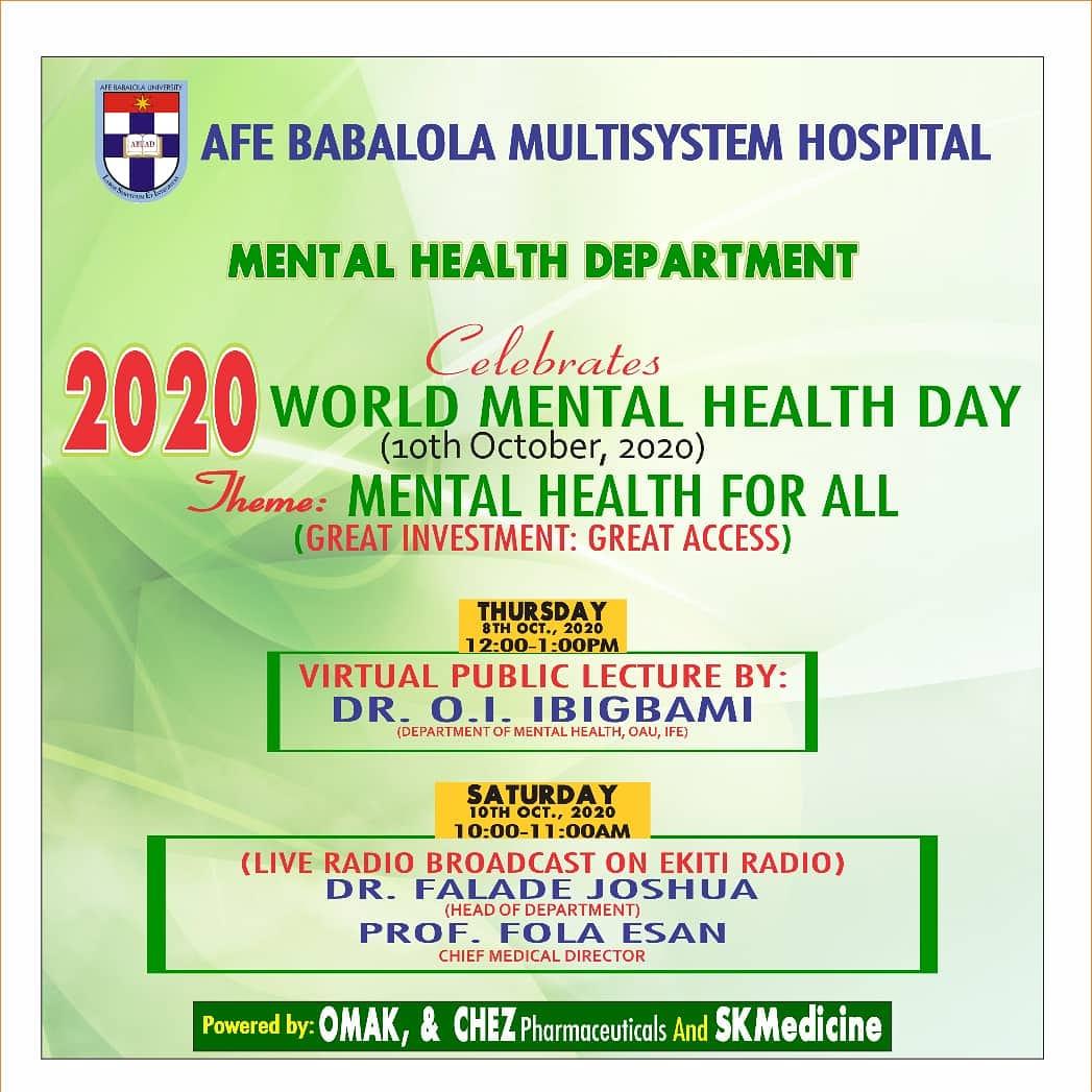 Afe Babalola Multi system Hospital is celebrating World Mental Health day. #worldmentalhealthday2020 #healthiswealth #healthyliving