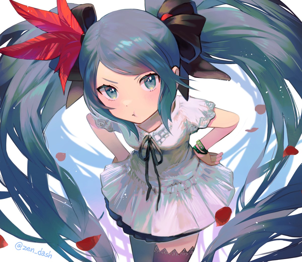 hatsune miku 1girl solo twintails dress long hair hands on hips pout  illustration images