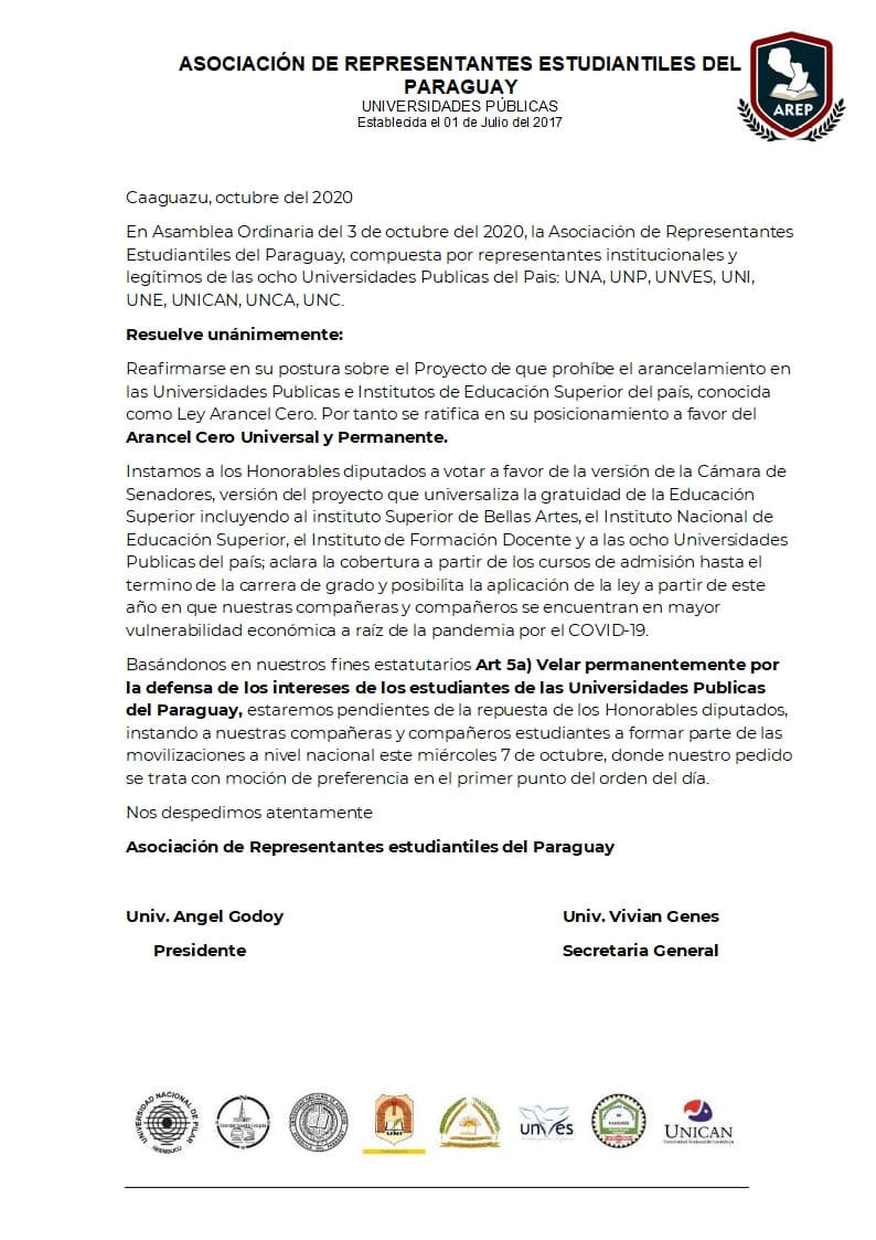 arep_py's tweet photo. ➡️Comunicado de la Magna Asamblea de la Asociación de Representantes Estudiantes del Paraguay con respecto al proyecto de ley "Que prohíbe el arancelamiento de los cursos de grado en las Universidades Públicas del Paraguay" y comúnmente llamado #Arancel_Cero! https://t.co/rS9E4yabLB