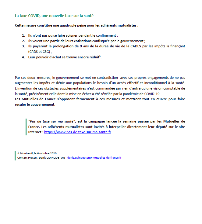 Communiqué de presse de la Fédération des <a href="/MutuellesdeFr/">Mutuelles de France</a> sur le #plfss2021 :  le gouvernement fait payer et culpabilise encore les malades ! 
Nous refusons le "forfait urgences" 
Nous refusons la #taxecovid 
Pas de taxe sur notre santé !