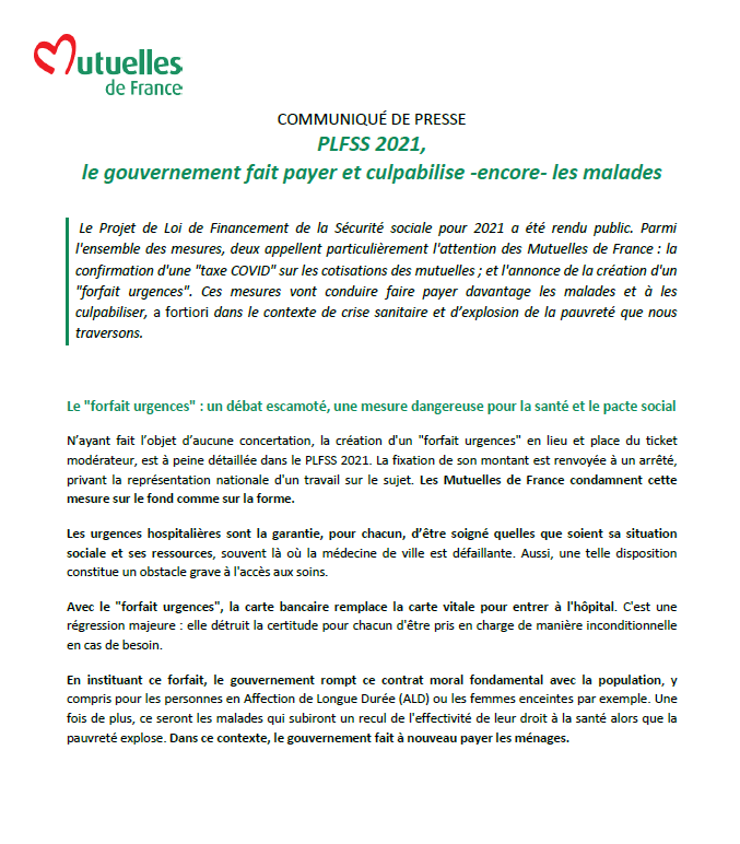 HazeCarole's tweet photo. Communiqué de presse de la Fédération des @MutuellesdeFr sur le #plfss2021 :  le gouvernement fait payer et culpabilise encore les malades ! 
Nous refusons le "forfait urgences" 
Nous refusons la #taxecovid 
Pas de taxe sur notre santé ! https://t.co/VZ3h7oMHZx