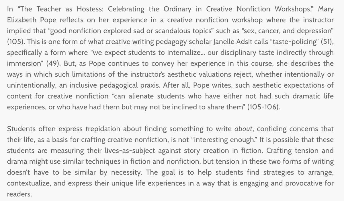AssayJournal's tweet photo. Start your morning off right with @AudreyTCarroll's terrific pedagogy piece, "Positionality and Experience in the Creative Nonfiction Classroom"--don't miss it! #amteaching #pedagogy #nonfiction #personalwriting #narrativetechniques #workshop
https://t.co/ZES9PpexuX https://t.co/ZEQmwaTstc