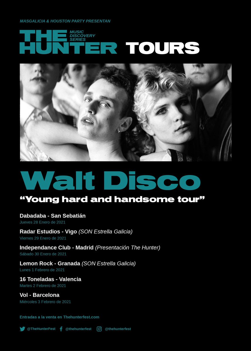 WALT DISCO (@waltdisco) on Twitter photo Pleased to announce our first ever Spanish tour! 🇪🇸
For tickets and more info - <a href="/TheHunterFest/">The Hunter fest</a> and <a href="/SON_EG/">SON Estrella Galicia</a>
28 January - San Sebastián
29 January - Vigo
30 January - Madrid
1 February - Granada
2 February - Valencia
3 February - Barcelona Pleased to announce our first ever Spanish tour! 🇪🇸
For tickets and more info - <a href="/TheHunterFest/">The Hunter fest</a> and <a href="/SON_EG/">SON Estrella Galicia</a>
28 January - San Sebastián
29 January - Vigo
30 January - Madrid
1 February - Granada
2 February - Valencia
3 February - Barcelona