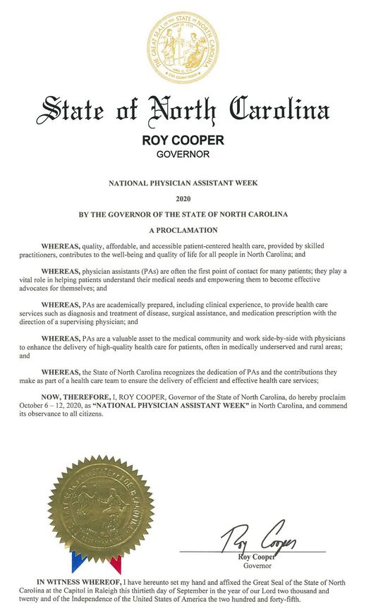 NCAPA1976's tweet photo. It's official - Happy PA Week!! Thank you Governor Cooper for recognizing the value and importance of PAs. Most of all, THANK YOU to PAs for being there and providing such excellent care to your patients. NC and NCAPA love PAs!! #PAweek #NCAPA #nclovespas https://t.co/tX9teutwEx