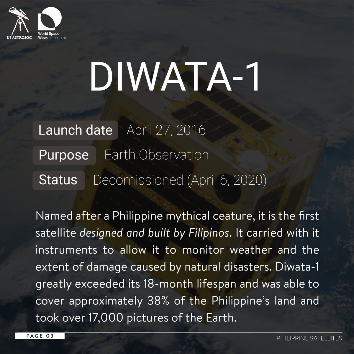 upastrosoc's tweet image. Continuing our World Space Series, let’s look at PH&apos;s own satellites! Here, we find out what makes each one special. Agila-1 and 2 were privately owned satellites used for communication. Diwata-1 and 2 were our first microsatellites.

#WorldSpaceWeek2020
#SatellitesImproveLife