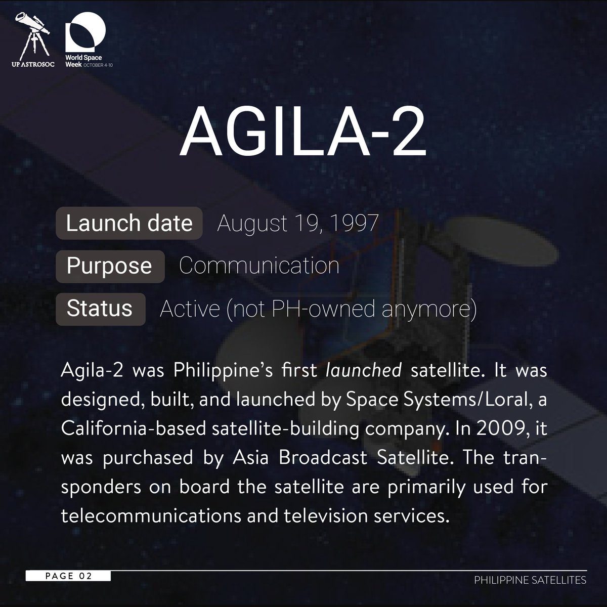 upastrosoc's tweet image. Continuing our World Space Series, let’s look at PH&apos;s own satellites! Here, we find out what makes each one special. Agila-1 and 2 were privately owned satellites used for communication. Diwata-1 and 2 were our first microsatellites.

#WorldSpaceWeek2020
#SatellitesImproveLife