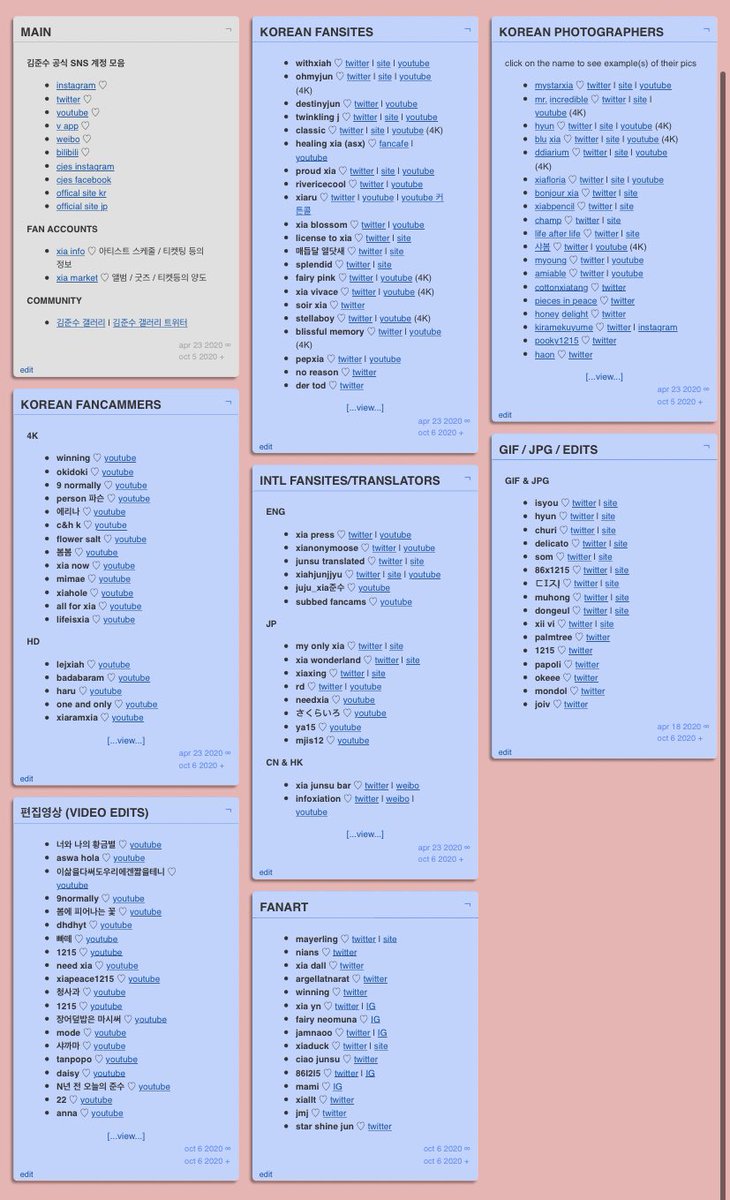 요즘 새로 입덕하신 미연님들이 많은 것 같아 참고하시면 좋을 팬계정 목록을 작성해봤습니다 (fansites, 사진가, fancammer, GIF, 편집영상, 팬아트)

since there are many new kor fans i’ve made lists for js content (fs, gifs etc) click [view] to expand lists!

→ listography.com/xiagallery