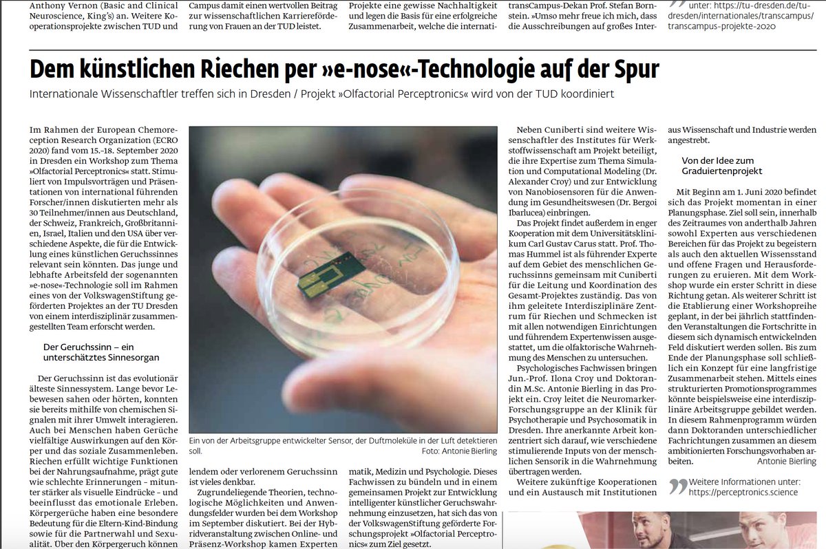 Article about our project and the workshop in September in #UniJournal of <a href="/tudresden_de/">TU Dresden</a> #science #olfaction #enose #perceptronics Check it out here: tu-dresden.de/tu-dresden/new… (page 7)