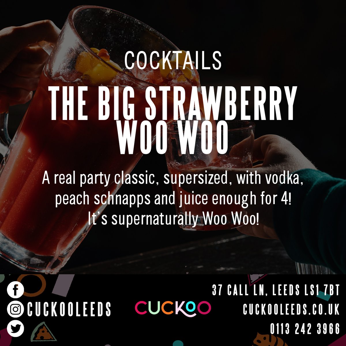 Make your visits more memorable by treating your table to one of our delicious Big Strawberry Woo Woo cocktail Pitchers 😍

Tag someone who's absolutely Quackers for a pitcher and see if they fancy something different this week 📲

#Cuckoo #Leeds #CallLane #drinks #party #music