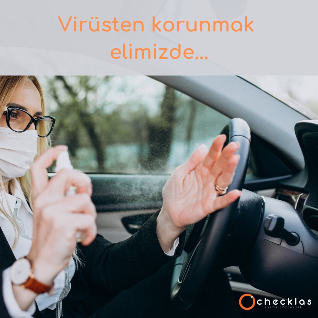 ChecklasTR's tweet photo. Koronavirüsten korunmak elinizde. Araç içinde temas ettiğiniz yerleri sıklıkla temizlemeyi, aracınızda kolonya veya dezenfektan, maske ve eldiven bulundurmayı unutmayın. https://t.co/WP8EpgJf92