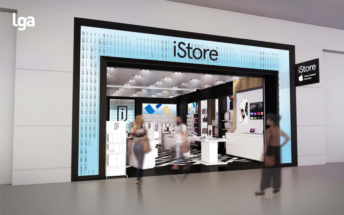 LGA_Partners's tweet photo. As a part of the new Terminal West A, @inmotionstores  opened its 4th iStore in the USA at @slcairport. Focused on creating an interactive, multi-sensory experience, it features a custom black and white tile floor design and iStore's iconic @ColorKinetics illuminated storefront. https://t.co/VELwgT8fUS