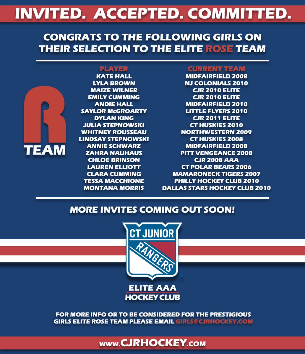 CJRHockey's tweet photo. A huge response after two days of #CJR @the_roseseries Elite Team invites go out. Congrats to these AMAZING hockey players! More invites coming to the top girls in North America. Stay tuned! #girlshockeyrocks #girlselitehockey #roseteam #TheRose https://t.co/e2723joYLI