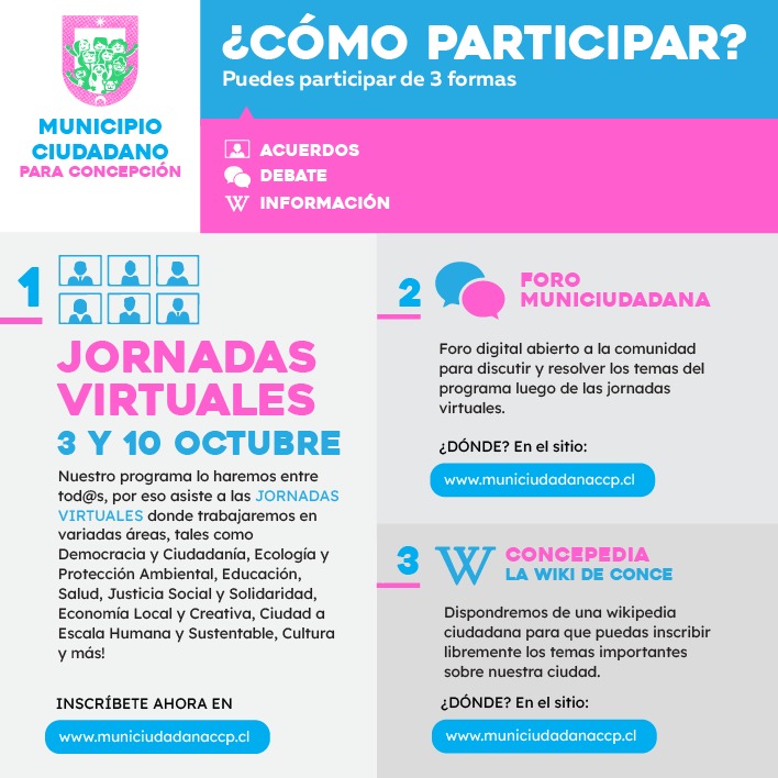 MunCiudadanaCCP's tweet photo. 🔴 Próximo sábado 10, continuamos los #EncuentrosProgramaticos 🙌💪🙌👩🌾👩🔬👨🏭👨🎨👨💼🙂🌱‼
🌱🙌 Ya están en funcionamiento el #Foro y la #WikideConce 🤩👉 https://t.co/VzIsRlQCy8
#MuniCiudadanaCCP #Concepción https://t.co/ct2Z7VdvIE