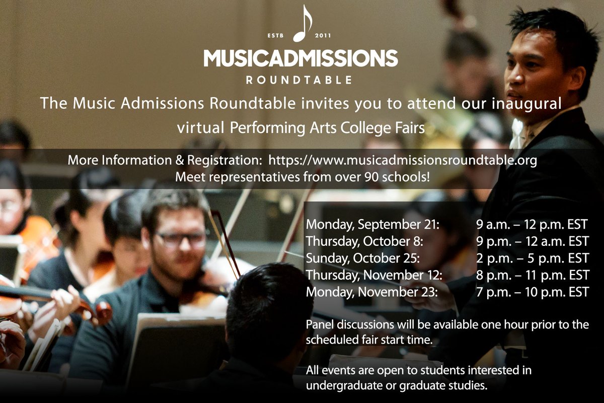 harttschool's tweet photo. The Hartt School is proud to take part in the Music Admissions Roundtable virtual Performing Arts College Fairs. Join us, and other members of the Music Admissions Roundtable for one of our remaining virtual sessions. #theharttschool #virtualfairs #performingarts https://t.co/0Oo4JTBF1M
