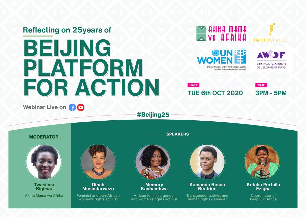 amwaafrika's tweet photo. Our webinar "Reflecting on 25 Years of the Beijing Platform for Action" is starting right now‼️🕰️
If you haven't registered, worry not!
We'll be streaming live on Facebook and Youtube.
https://t.co/hjrzB6JJs6.
https://t.co/bQiZ4JnvJg
Join in the conversation #Beijing25
#BDPfA https://t.co/W1dnllHWDQ