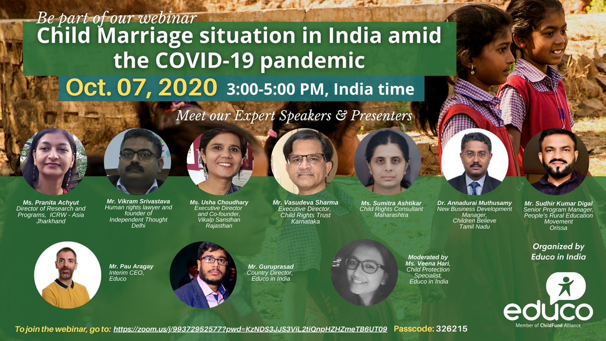 Join Educo's webinar tomorrow, Oct 07, 3-5pm (India) as child rights experts and thought leaders provide an analysis of Child Marriage situation in India amid #COVID19Crisis. @Educo_ONG  interim CEO @pauaragay opens event. Link to webinar: bit.ly/30xcfuc
Passcode: 326215
