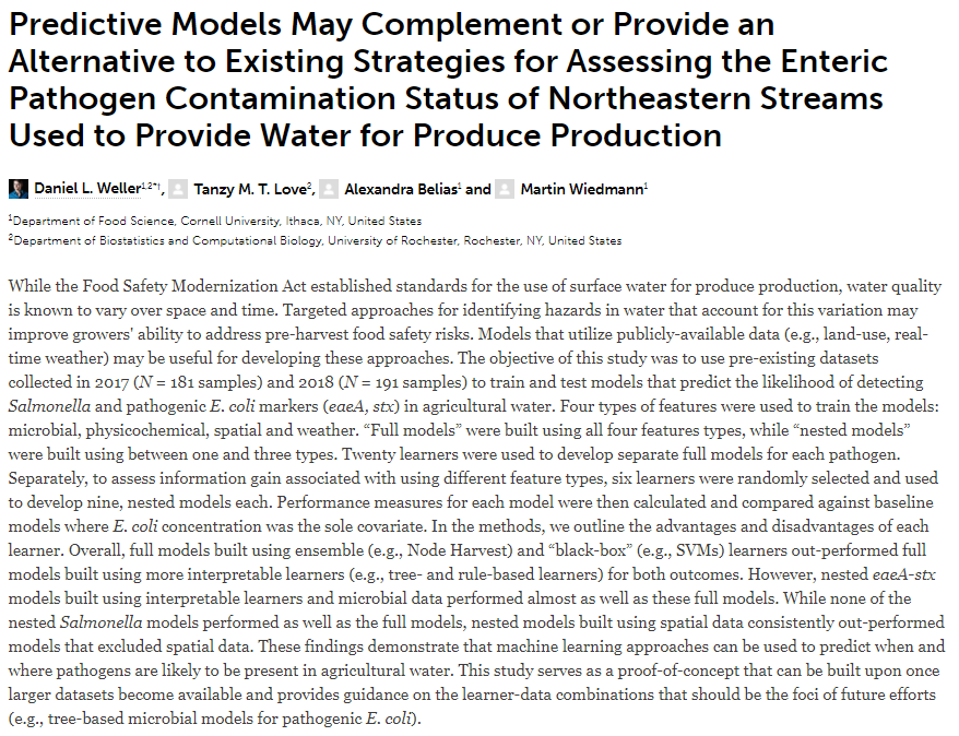 LettuceManDan's tweet photo. Our paper comparing the ability of models, built using different learners and feature types, to predict pathogen presence in ag water is finally out! Thanks to @statsROC, @Cornell_FSL, and @CPSnewsupdates for supporting this work. #agtech #foodsafety https://t.co/0jOAMff0It https://t.co/PXnHHeOkvX