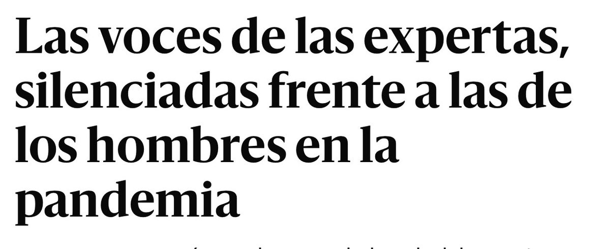 Voces de las mujeres expertas silenciadas frente a las de los hombres en la pandemia.
Pese a ser mayoría en el sector de la salud,las mujeres son menos del 20% de las fuentes expertas citadas en artículos sobre el coronavirus, según un estudio en 6 países

eldiario.es/internacional/…