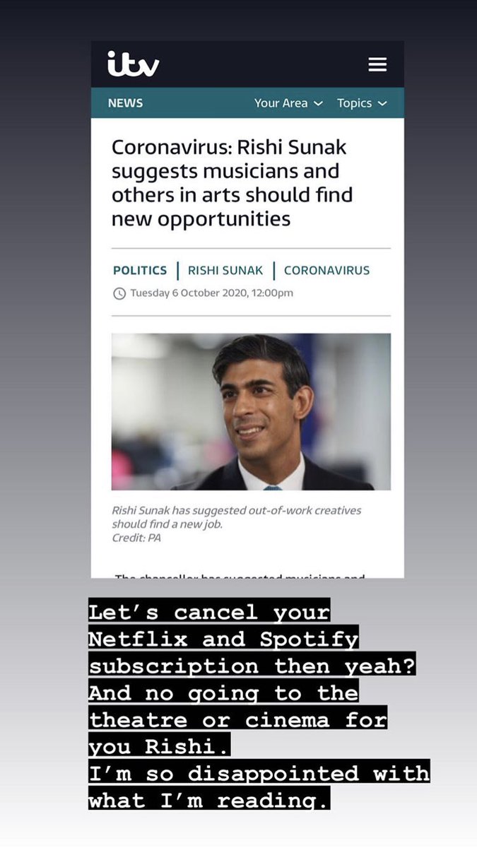 Let’s cancel your Netflix and Spotify subscription then yeah?
And no trips to the theatre or cinema for you from now on Rishi.
I can’t believe how let down I feel reading this. 
#SaveTheArts 
<a href="/RishiSunak/">Rishi Sunak</a>