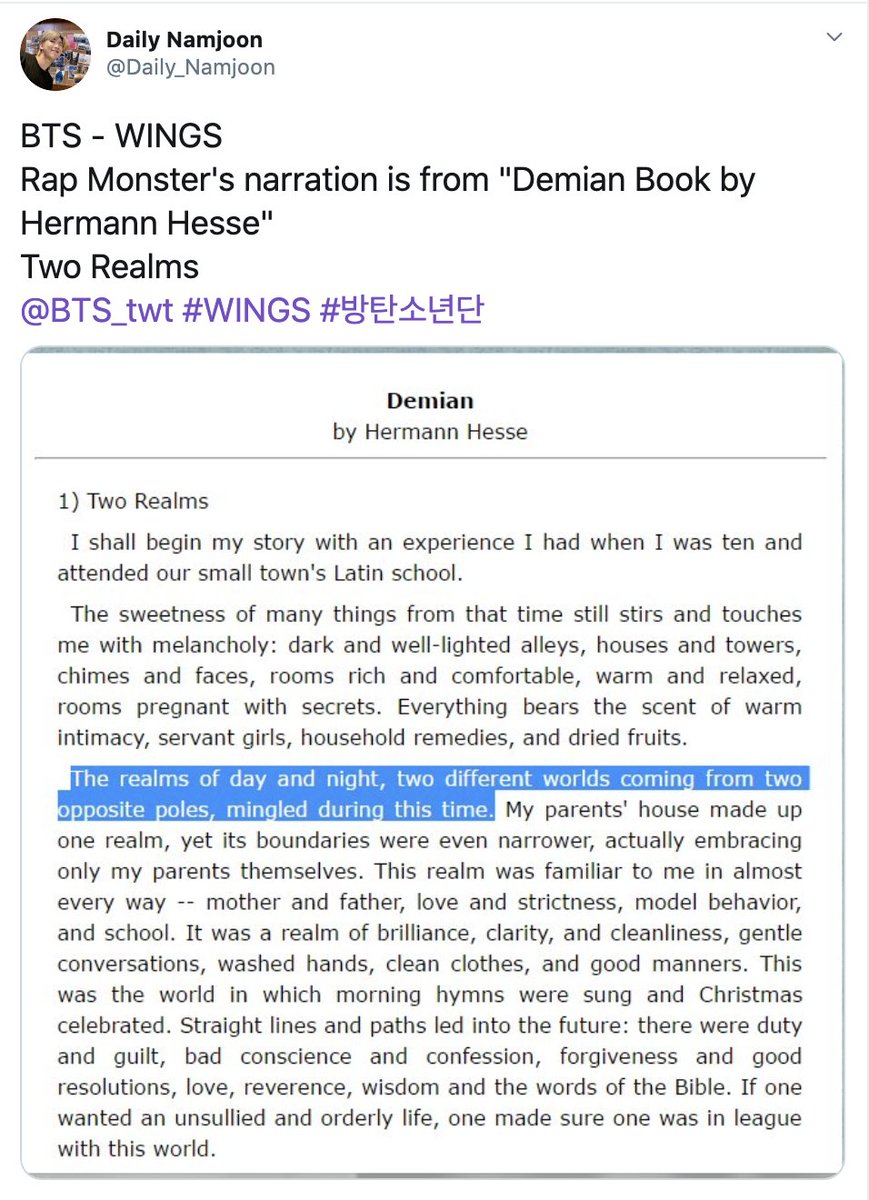 and often the books that namjoon read are incorporated into the concepts of bts lyrics - for example demian, a book namjoon recommended is referenced throughout the wings era and in blood sweat and tears