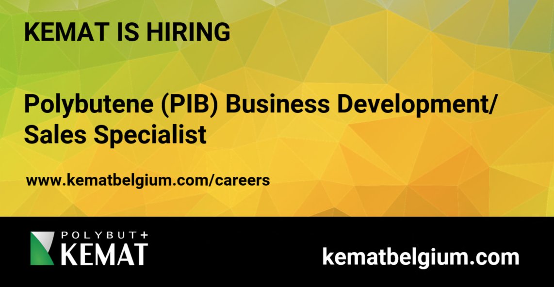 kematbelgium's tweet photo. KEMAT IS HIRING
Polybutene (PIB) Business Development/Sales Specialist
Read about our latest job opening here:
https://t.co/0G4e05lmFZ
careers@kematbelgium.com
#kemat #PIB #polybutene #development https://t.co/TvhX5jGd2Y