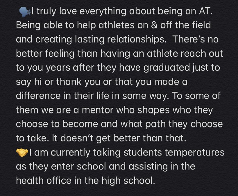 It’s not <a href="/GO_NYSATA/">NYSATA</a> Recognition Week but we are still celebrating #HVATS ATs!

💡 Sharon Delmonico <a href="/SDelmonico2/">Sharon Delmonico</a> 
🏫 Valley Central
🎓 ESU
*See attached for Sharon’s favorite thing about being an AT &amp; what she is doing to help her school during #COVID *

Thank you, Sharon!