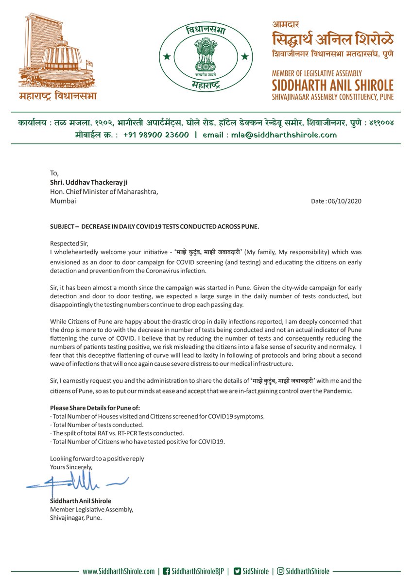 I have written to Hon. CM  @OfficeofUT ji requesting him and the administration to share details of ‘माझे कुटुंब, माझी जबाबदारी’ with the citizens of  #Pune, so as to put our minds at ease and accept that we are in-fact gaining control over the  #Coronavirus Pandemic. (5/6)