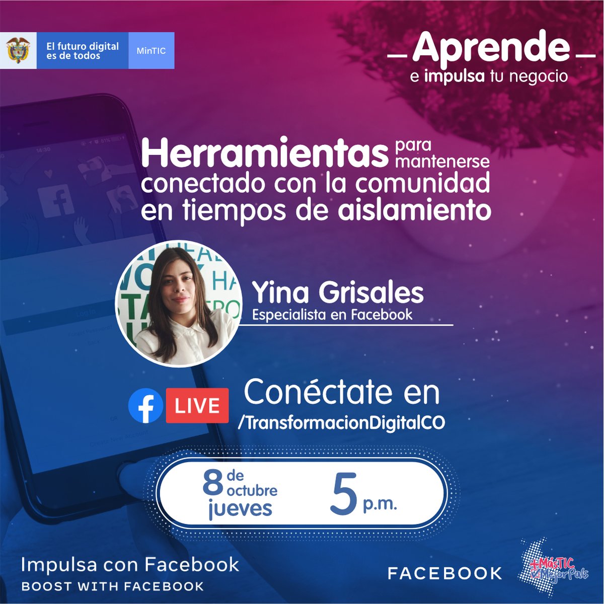 Transforma_Dig's tweet photo. ¿Quieres aprender herramientas para mantenerte conectado con la comunidad en tiempos de aislamiento? Conéctate a nuestro taller, donde la experta @AlexGrisales_ dará estrategias para que fortalezcas tu negocio #AprendeEImpulsa. Participa el 8 de octubre en https://t.co/PskMs6vOvt https://t.co/m2owrrZ77n