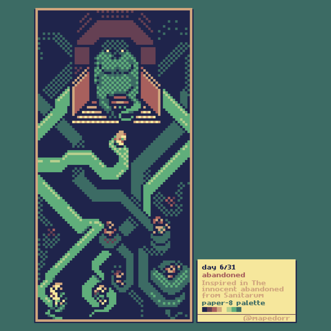 mapedorr's tweet photo. Day 6 - Abandoned / Día 6 - Abandonados.
Paper-8 palette created by @frosty_rabbid.
#octobit #octobit2020 #paper8 #8bit #pixelart #asepri
#lospec #sanitariumgame https://t.co/ewvW6kqZsa