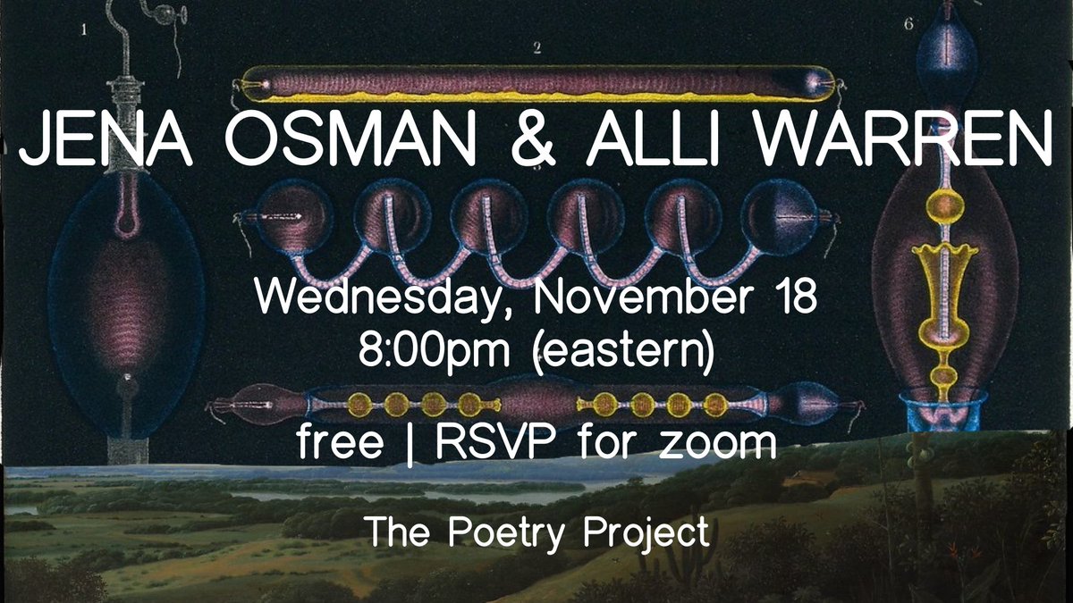 Jena Osman (UDP) and Alli Warren will be doing a virtual reading of their respective books Motion Studies and Little Hill hosted by the Poetry Project. To register for the event, follow the link below: eventbrite.com/e/jena-osman-a…