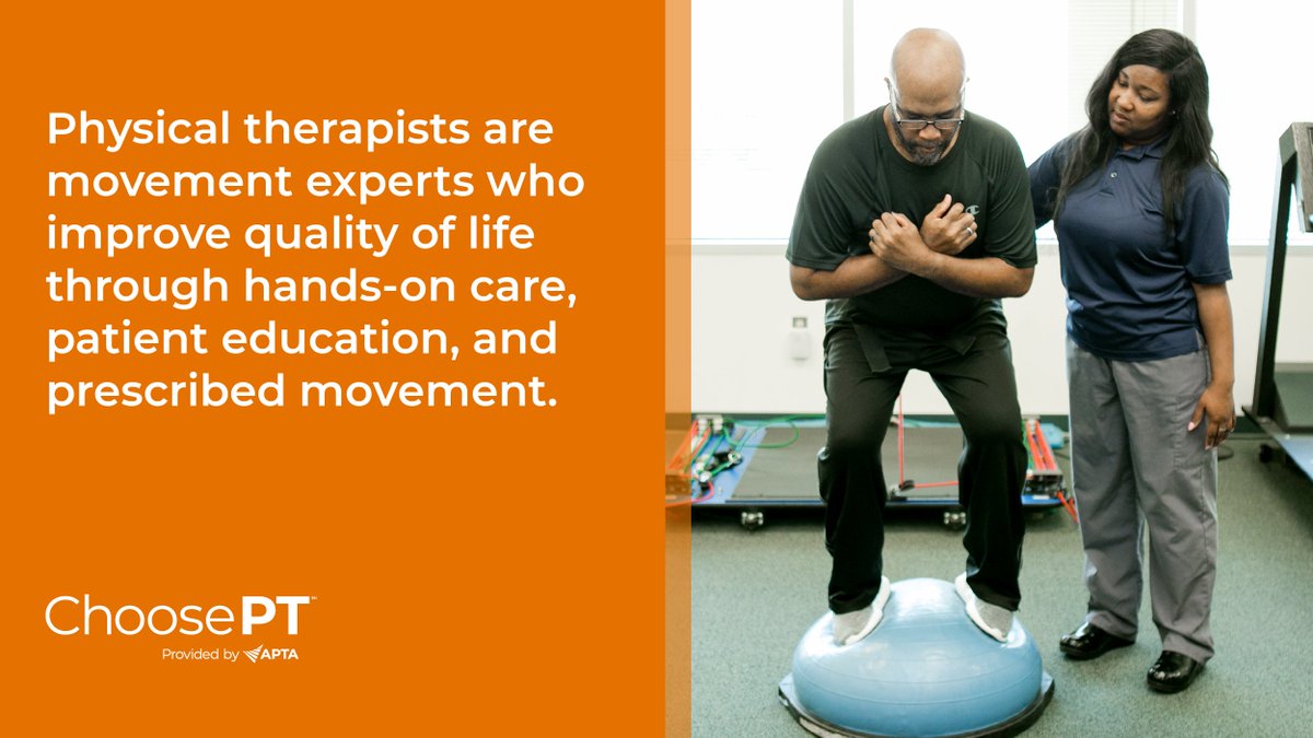 Choose_PT's tweet photo. Physical therapists and physical therapist assistants play a critical role in helping Americans of all ages and abilities achieve their physical activity goals, and improve their quality of life. 

https://t.co/AsKjOom9CN
#ChoosePT #PTmonth https://t.co/XfFdxspp9Z