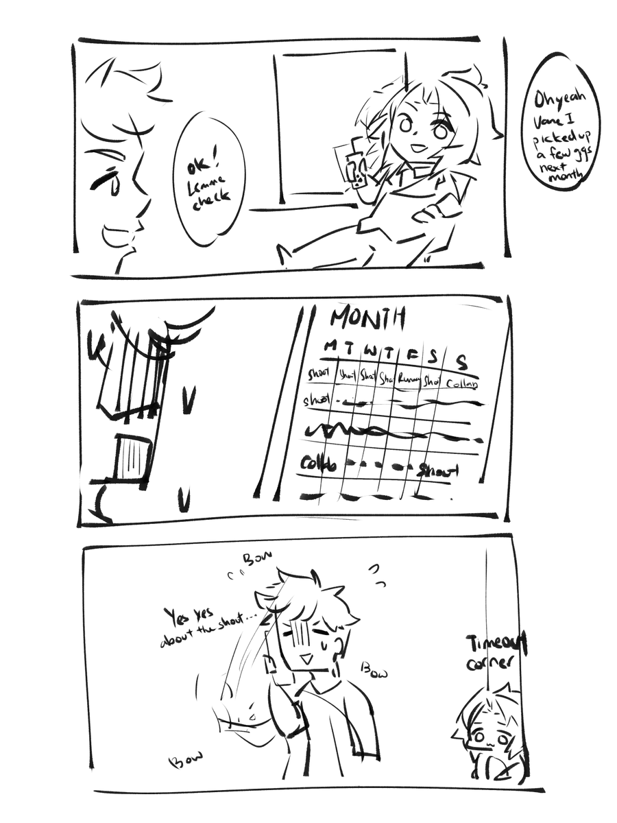 Lancelot has a habit of taking up too many gigs to fill up a whole month and not have enough rest. vane is forced to make phone calls to cancel some to ensure that he gets rest