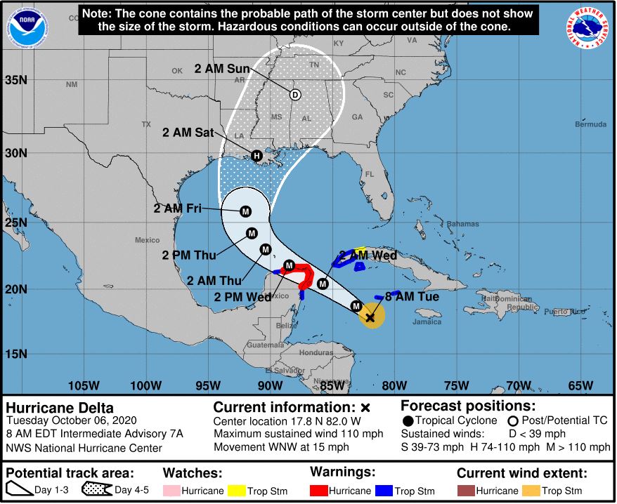 Here is the latest 8AM advisory on #HurricaneDelta from the National Hurricane Center. Stay tuned for more updates! 

#LAwx