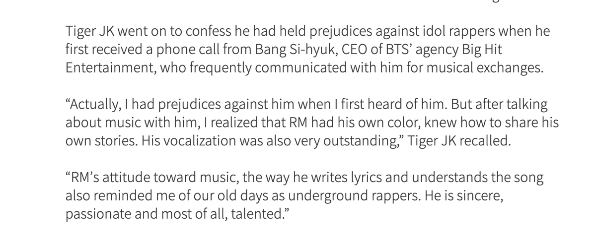 tiger jk, another hip hop artist, also collaborated with namjoon on a song for his album and said that namjoon "breaks stereotypes for idol rappers"