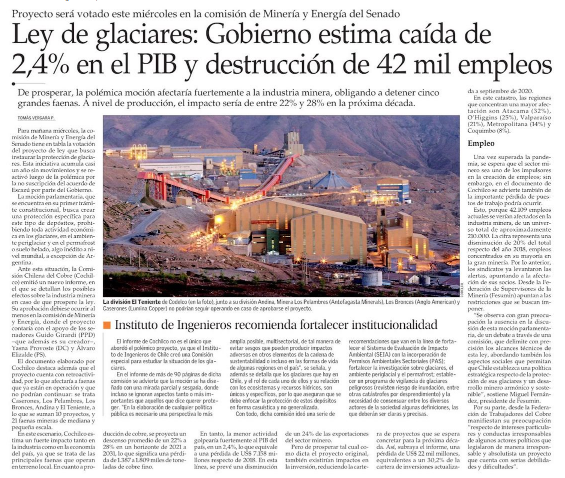 VillarinoJ's tweet photo. Ley de glaciares: Gobierno estima caída de 2,4% en el PIB y destrucción de 42 mil empleos.

Hoy en @EYN_ELMERCURIO 
https://t.co/1fzvYtgPGP https://t.co/9RuCXI0LVU