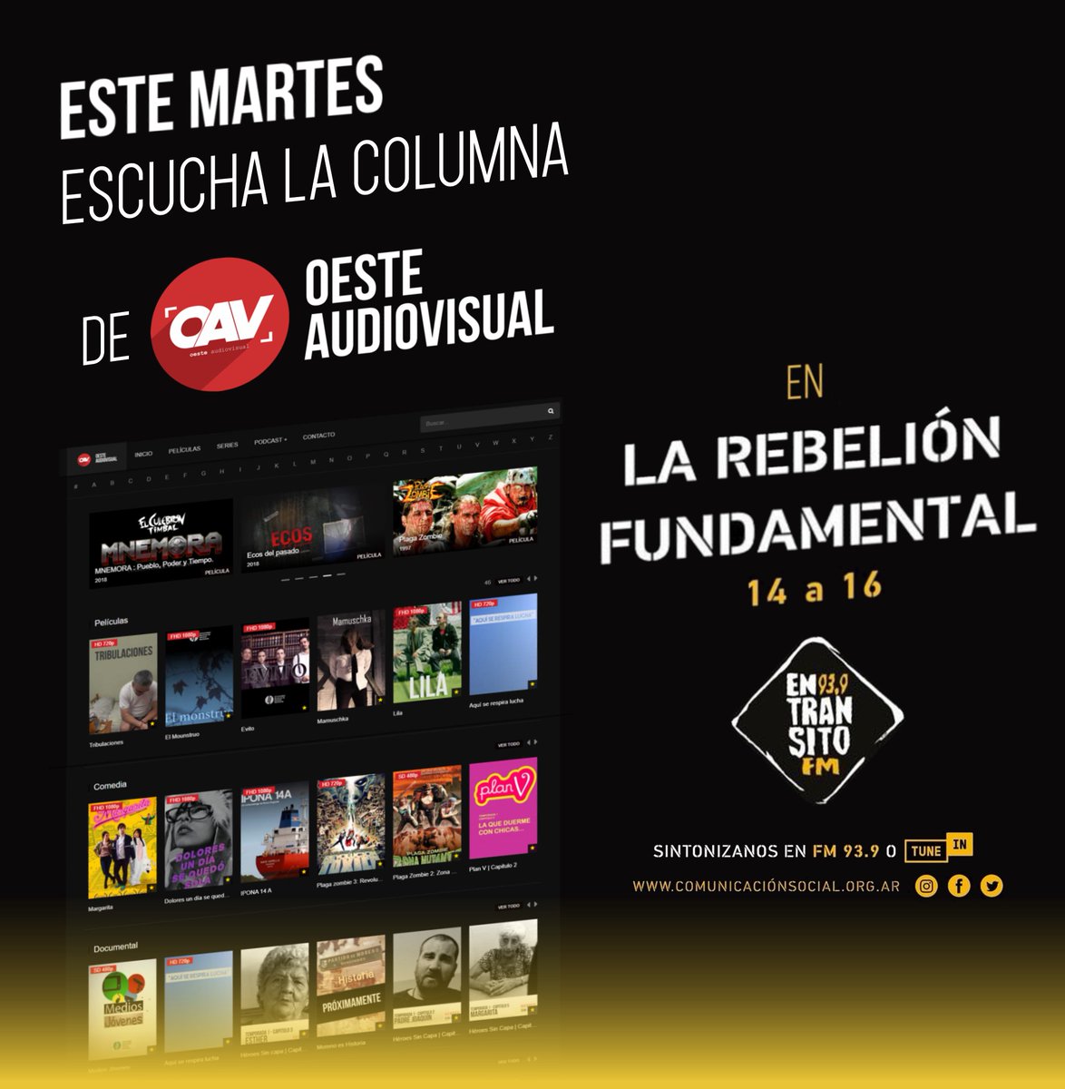 OAVPlataforma's tweet photo. Hoy podes escuchar nuestra columna por @fmentransito   en La Rebelión Fundamental, de 14 a 16 hs.

Podes escucharlo en FM 93.9 o a acá 👇
https://t.co/wiOHxWyiep https://t.co/w1J81bwDTJ