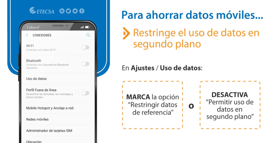 ETECSA_Cuba's tweet image. Te ofrecemos algunos #ConsejosÚtiles para ahorrar #DatosMóviles.📲
#CubaInformatiza 
@MINCOMCuba 
@Cubacel_ETECSA