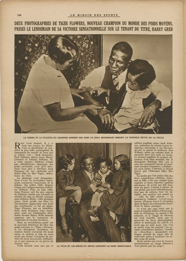 On commence avec cette page du Miroir des Sports (n° 306, 24 mars 1926, p. 188). On y retrouve le   Tiger Flowers, le lendemain de sa victoire contre son compatriote Harry Greb lui permettant de devenir champion du monde des poids moyens. 