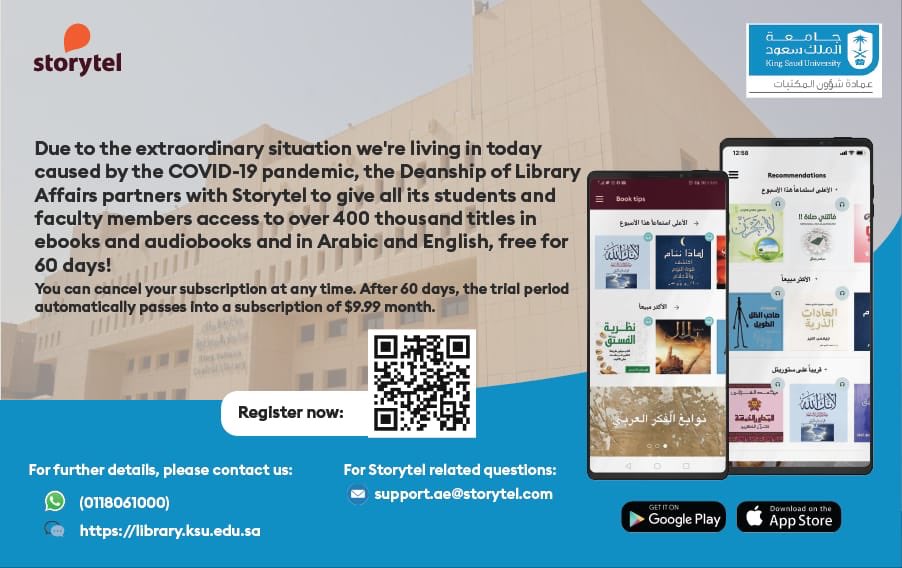 libKSU's tweet photo. تقدم #عمادة_شؤون_المكتبات مبادرة بالتعاون مع شركة "Storytel” لجميع منسوبي #جامعة_الملك_سعود  بتوفير أكثر من 400 ألف عنوان من الكتب الصوتية باللغتين العربية والإنجليزية لمدة 60 يوماً مجاناً.

للتسجيل والاستفادة من المبادرة:
https://t.co/gjiBSfCmus https://t.co/rTn2cxFCRP