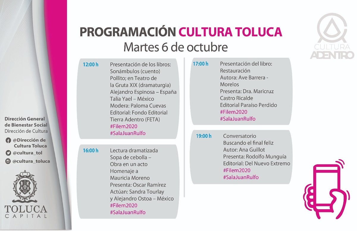 cultura_tol's tweet photo. Te invitamos a disfrutar de la programación que hemos preparado para todos, en caso de que te la hayas perdido durante #Filem2020.
#TolucaCapital #CulturaToluca #JuntosEsPosible https://t.co/GWtPCxgGk4