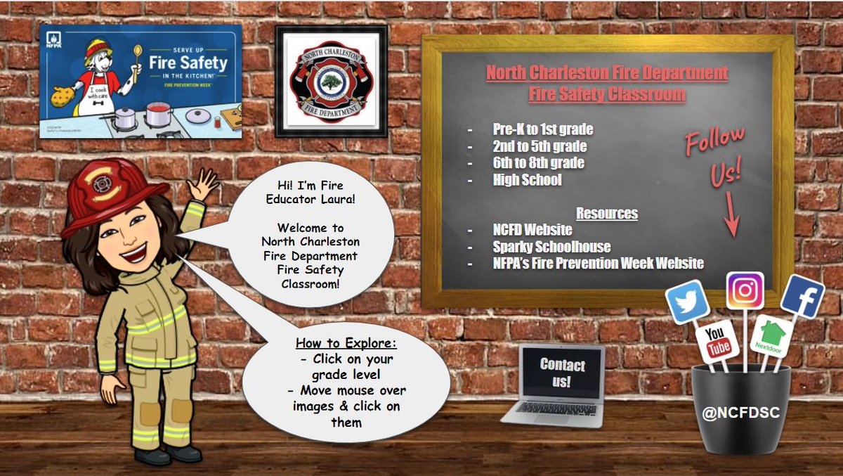 We've created a Bitmoji Fire Safety Classroom for kids to experience #FirePreventionWeek2020 from home!

docs.google.com/.../1s0m3zELDu…...

Once completed, email LKondor@northcharleston.org to receive a Fire Safety Certificates.

Be #NCFDSafe <a href="/NorthCharleston/">North Charleston</a>!