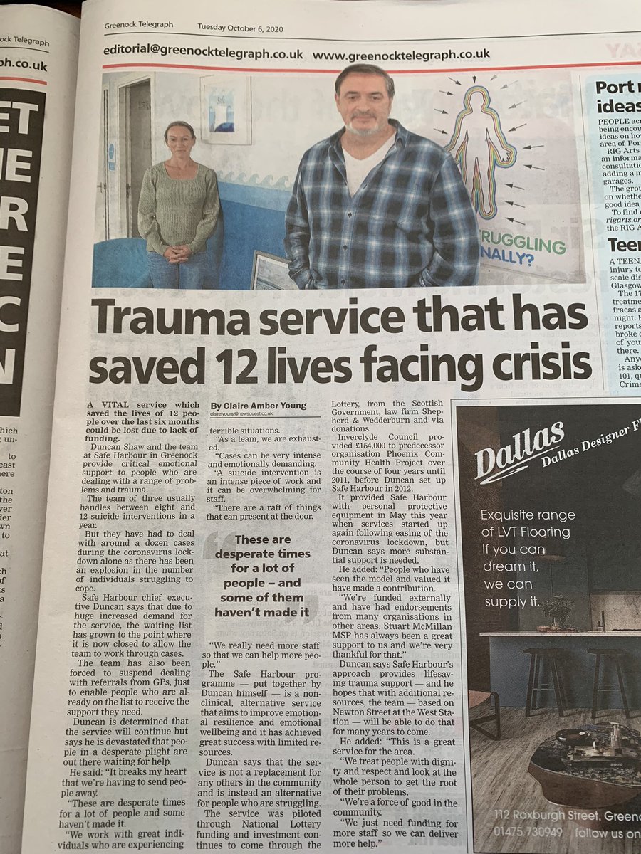 safeharbourinv's tweet image. Safe Harbours Sandrine and Duncan front page of today’s @greenocktele 

Read our CEO Duncan talking about the struggles a small service in inverclyde faces and his hopes for support from our local authorities in the future #emotionalwellbeing